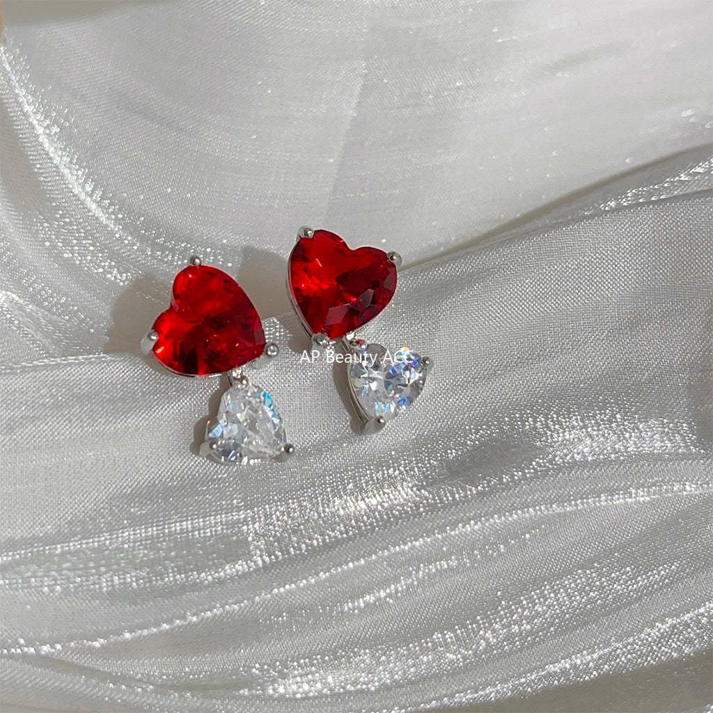 C관 - 고급스러운 컬러 큐빅 하트 귀걸이 분위기 있는 스윗한 빨간색 하트 귀걸이 [1734] 24.05-4