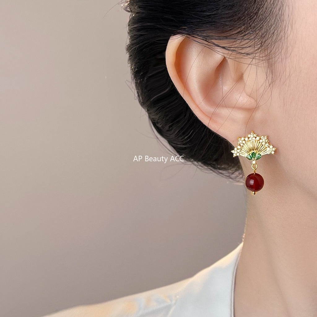 C관 - 925 은침 홍마노 부채 디자인 미니 큐빅 귀걸이 [7041] 25.11-1