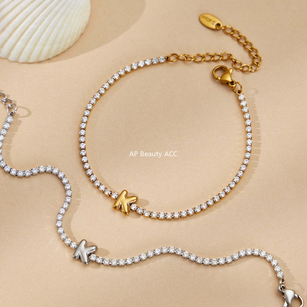 D관 - 스테인리스 스틸 18K 도금 알파벳 큐빅 팔찌 [RE023] 25.12-3