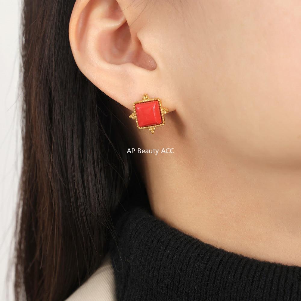 D관 - 라운드 비즈 스퀘어 컬러 천연석 미니멀 실용적 티타늄 스틸 18K 도금 귀걸이 [F1408] 24.03-3