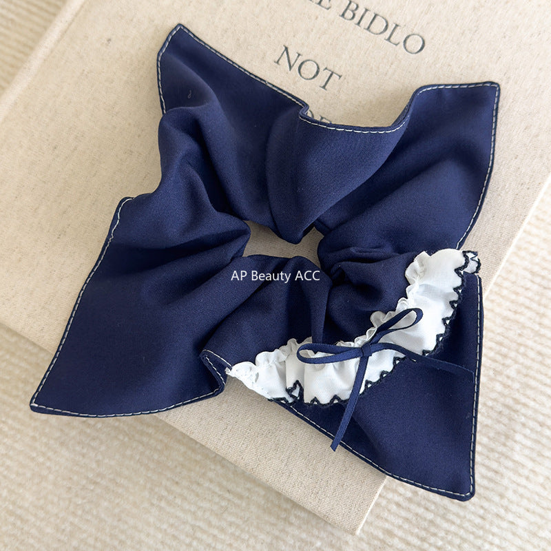 E관 - 블루 체크 패브릭 레이스 리본 곱창 헤어밴드 [26462] 25.10-2