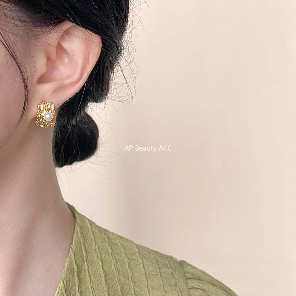 C관 - 기하학 텍스처 14K 도금 진주 심플 세련된 귀걸이 [4399] 24.07-1