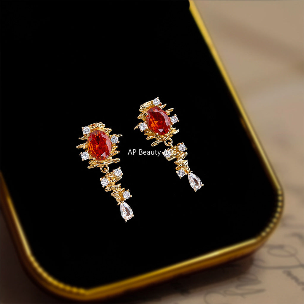 C관 - 핸드메이드 925 은침 오렌지 레드 큐빅 빈티지 귀걸이 [6896] 25.10-2