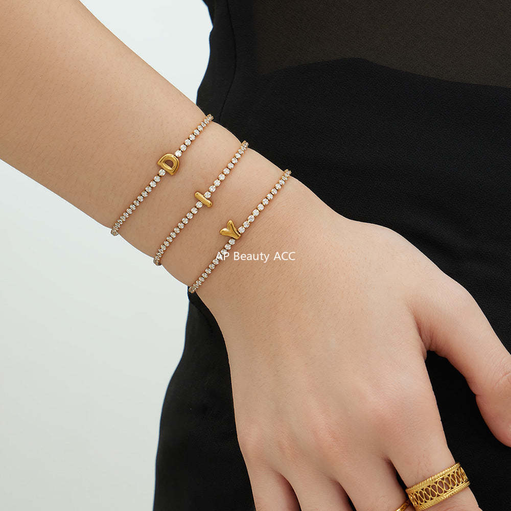 D관 - 스테인리스 스틸 18K 도금 알파벳 큐빅 팔찌 [RE023] 25.12-3