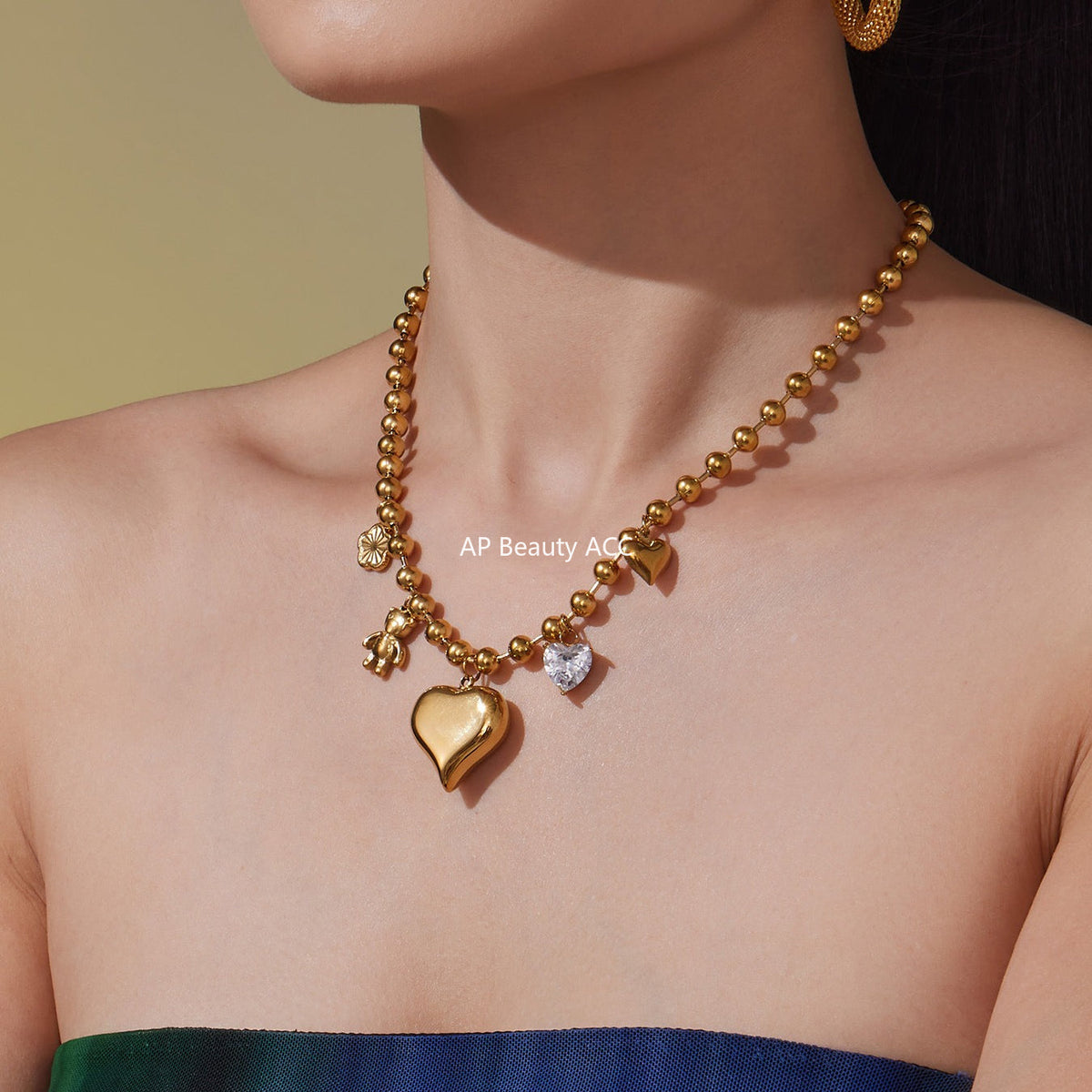 D관 - 스테인리스 스틸 18K 도금 큐빅 하트 곰 펜던트 목걸이 [P1032] 25.10-3