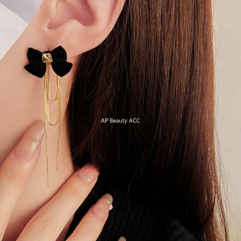 C관 - 순금 도금 은침 벨벳 리본 태슬 귀걸이 우아한 레트로 귀걸이 [E18503] 24.01-3
