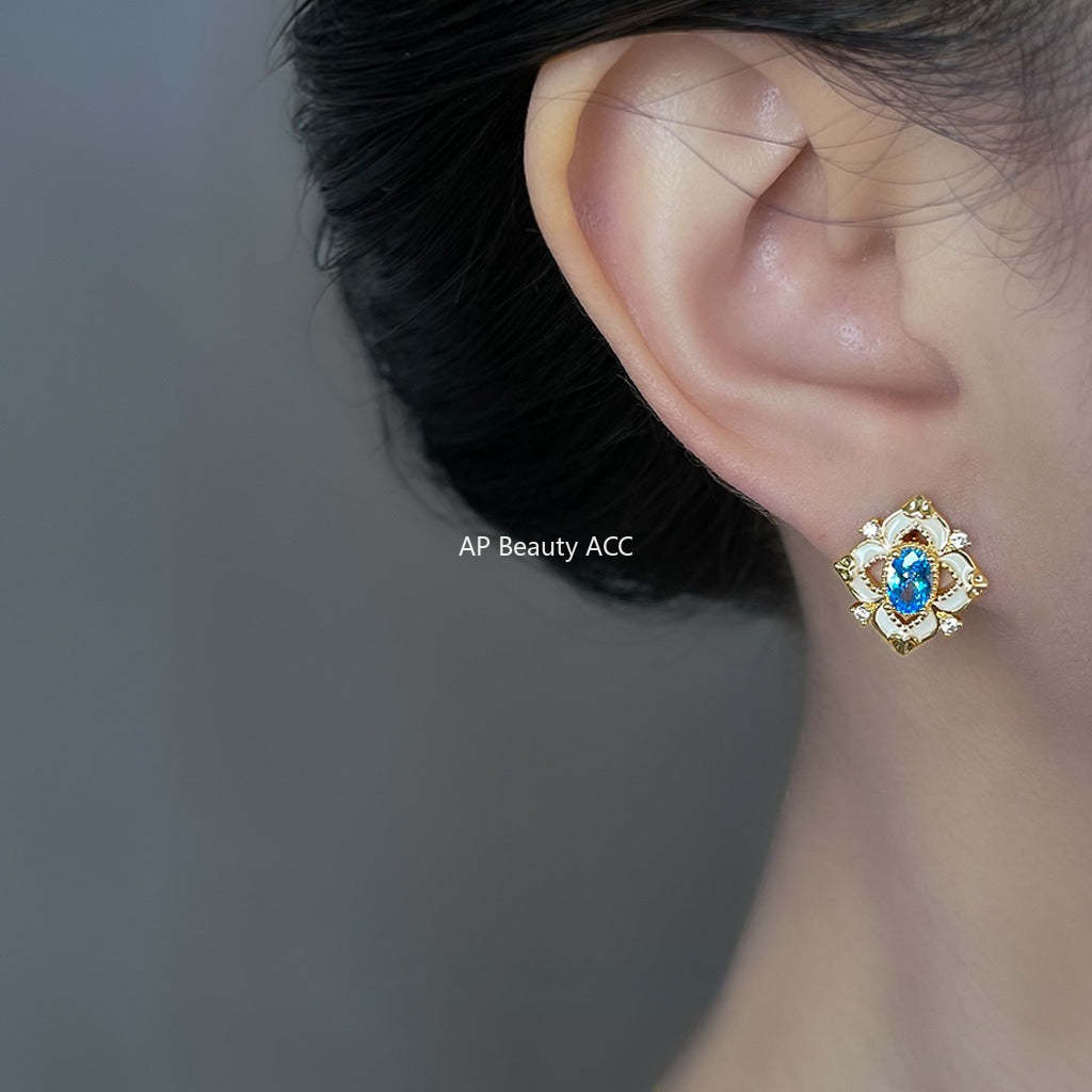 C관 - 아쿠아마린 핸드페인팅 큐빅 925 은침 귀걸이 [6833] 25.09-4