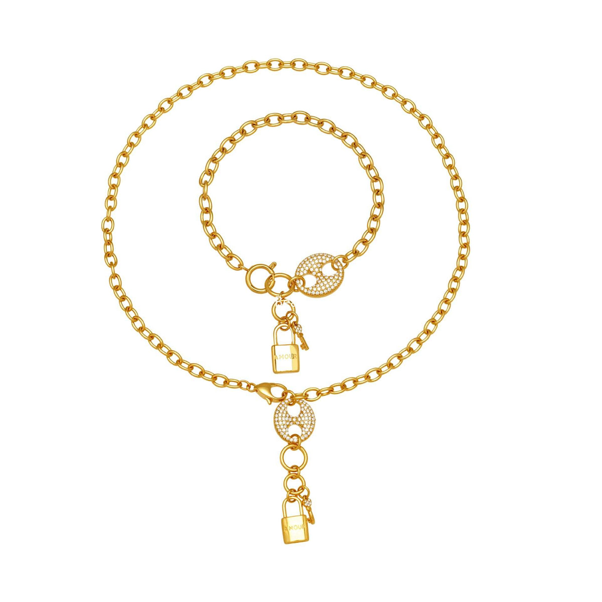 D관 - 풀큐빅 돼지코 자물쇠 태슬 18K 도금 스테인리스 스틸 목걸이 팔찌 [TXP516] 25.12-2