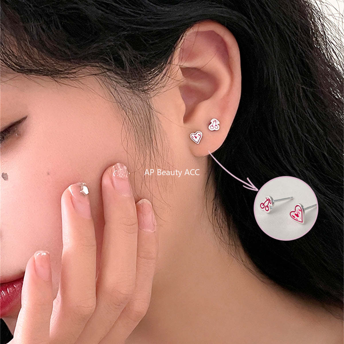 A관 - 925 실버 하트 딸기 체리 비대칭 귀걸이 [EH-2852] 24.04-3