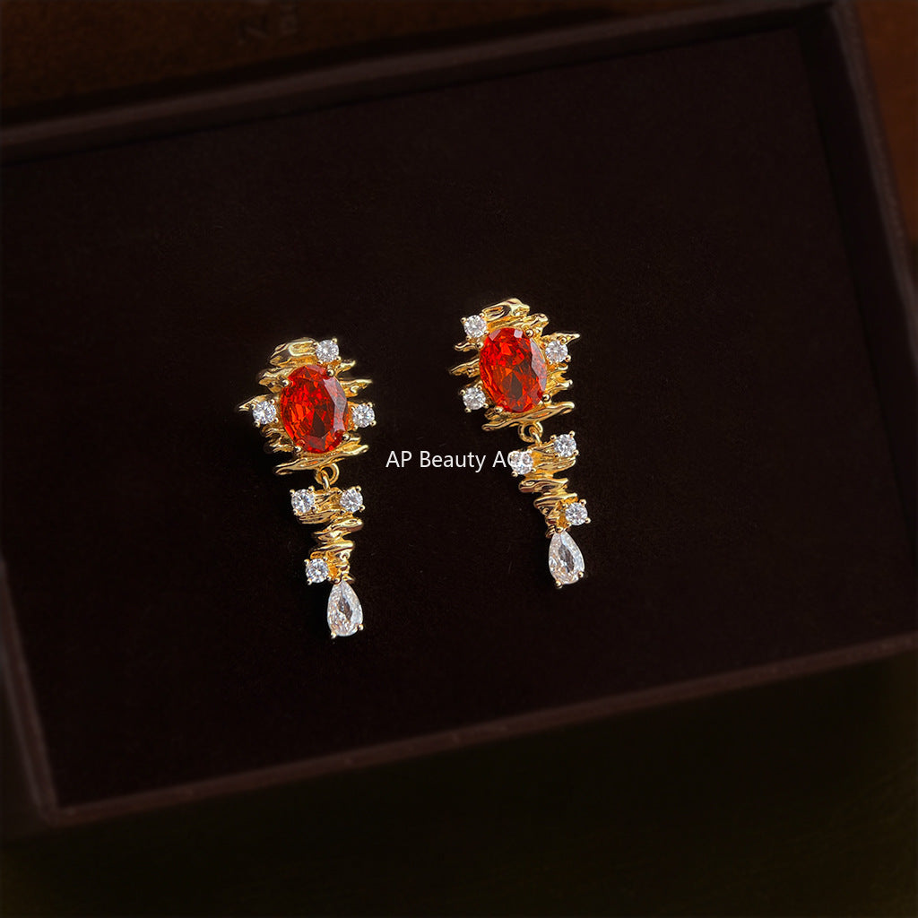 C관 - 핸드메이드 925 은침 오렌지 레드 큐빅 빈티지 귀걸이 [6896] 25.10-2