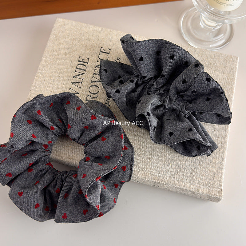 E관 - 도트 하트 프린팅 그레이 패브릭 곱창 헤어밴드 [27665] 25.11-2