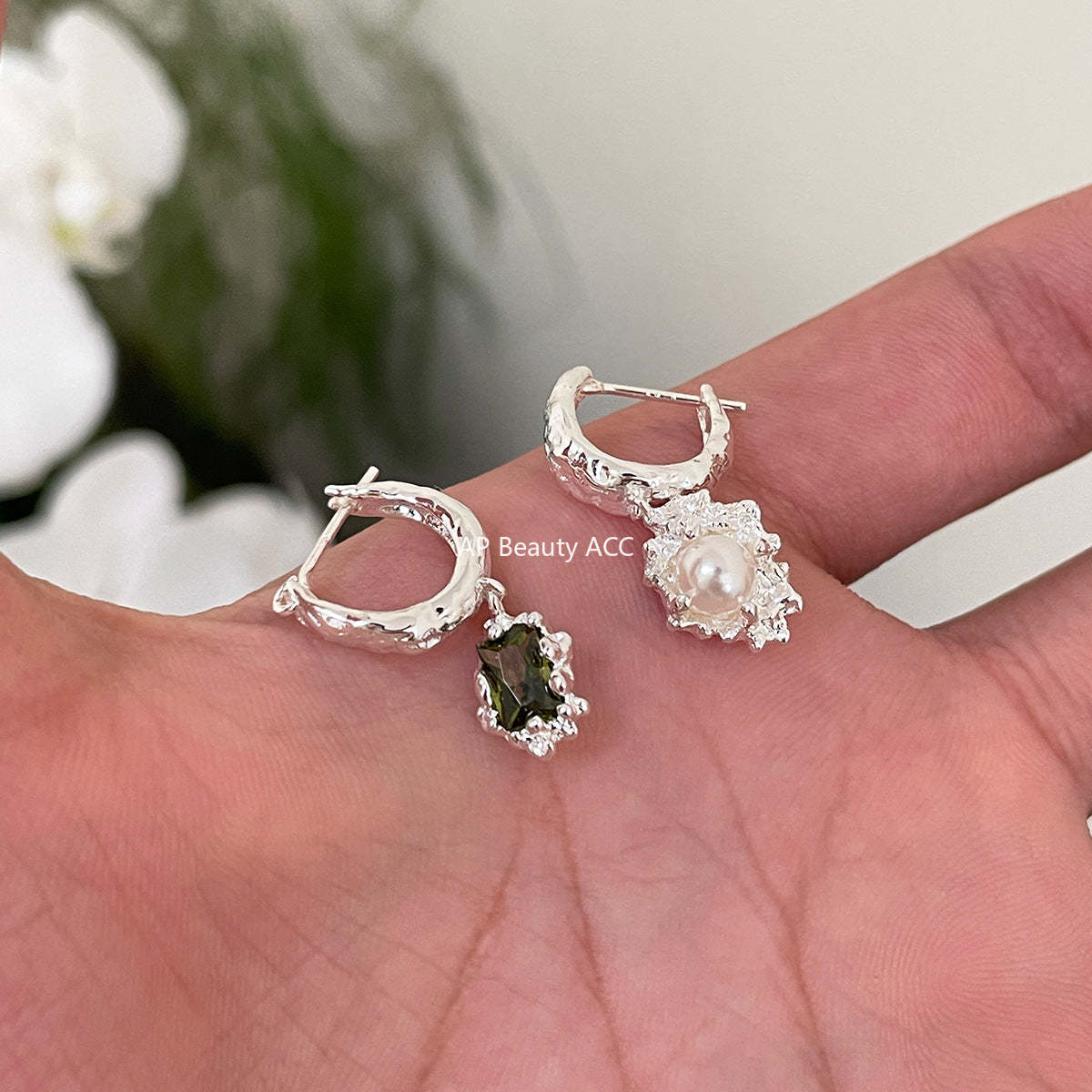 A관 - 925 은침 큐빅 진주 언밸런스 후프 귀걸이 [EH-4120] 25.10-5