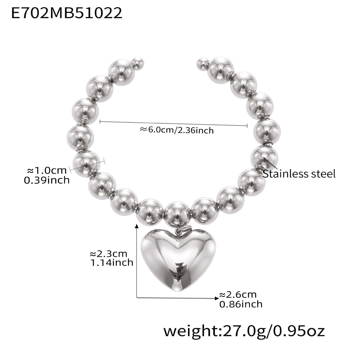 D관 - 스테인리스 18K 도금 대형 하트 펜던트 스틸볼 팔찌 [E701-E702] 25.10-5