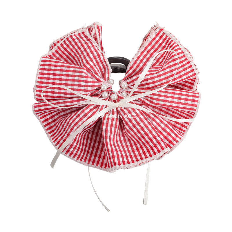 E관 - 체크 러플형 리본 대형 빈티지 집게핀 [27527] 25.10-1