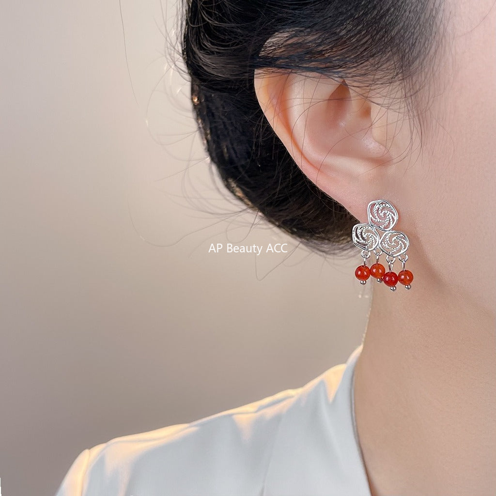 C관 - 925 은침 핸드메이드 구름 디자인 홍마노 귀걸이 [7057] 25.11-2