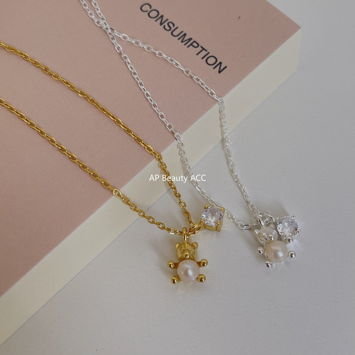 F관 - 925 실버 큐빅 진주 곰 펜던트 목걸이 [B1034] 25.11-2