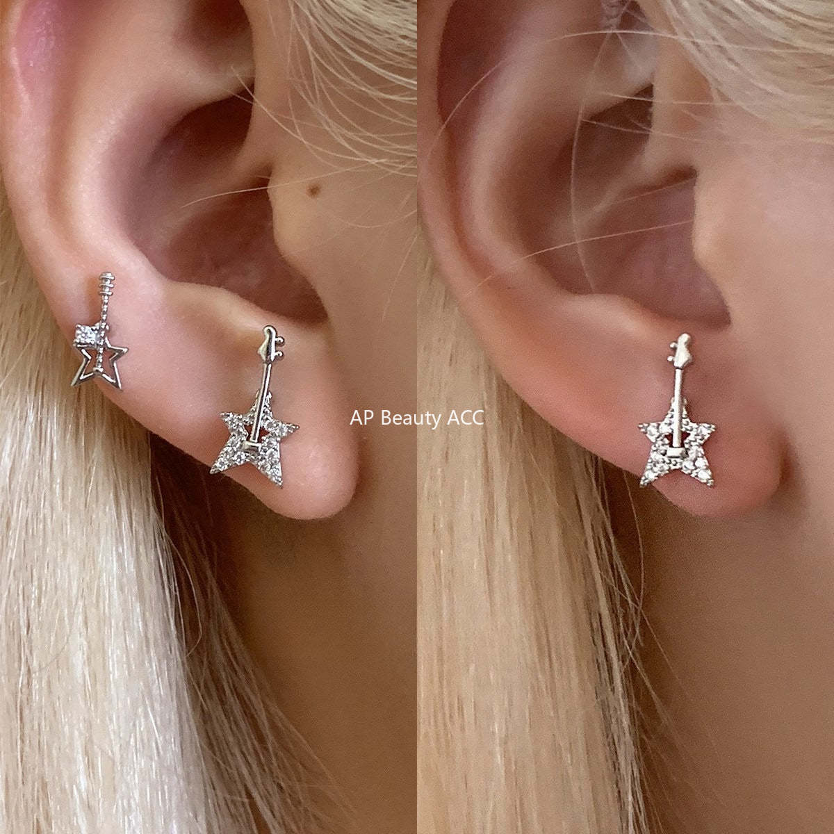 A관 - 티타늄 스틸 큐빅 별 기타 모양 비대칭 귀걸이 [EH-4162] 25.10-4