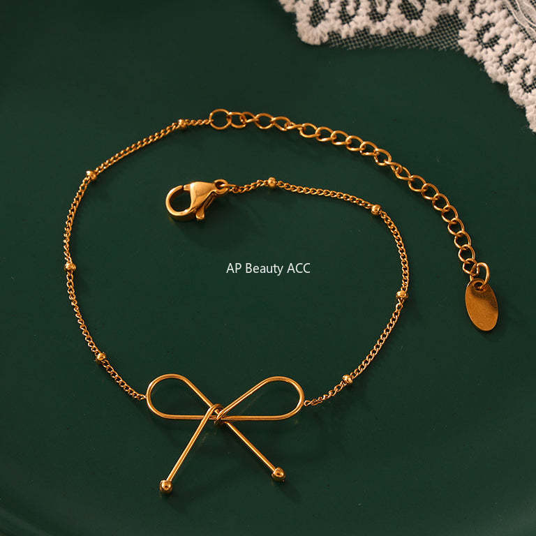 D관 - 리본 장식 티타늄 스틸 18K 골드 도금 팔찌 & 쇄골 목걸이 [P549-E107] 24.04-2