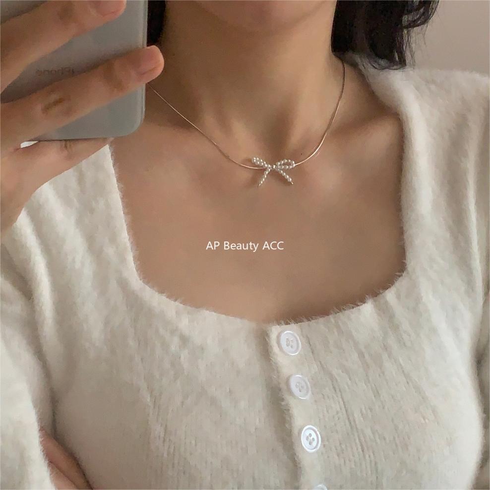 F관 - 925 실버 비즈 리본 진주 목걸이 [B1233] 25.10-3