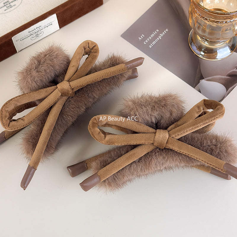 E관 - 브라운 퍼 리본 대형 집게핀 [27715] 25.11-4