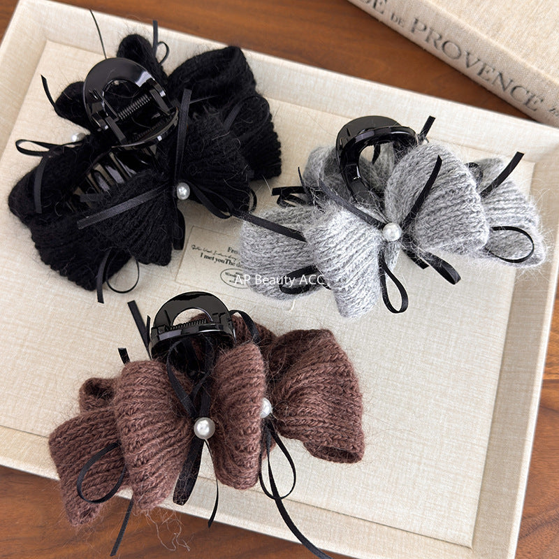 E관 - 털실 니트 진주 리본 디자인 집게핀 [27667] 25.11-2