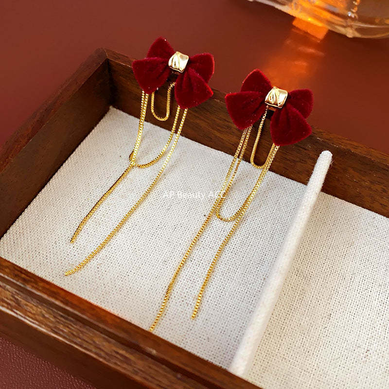 C관 - 순금 도금 은침 벨벳 리본 태슬 귀걸이 우아한 레트로 귀걸이 [E18503] 24.01-3