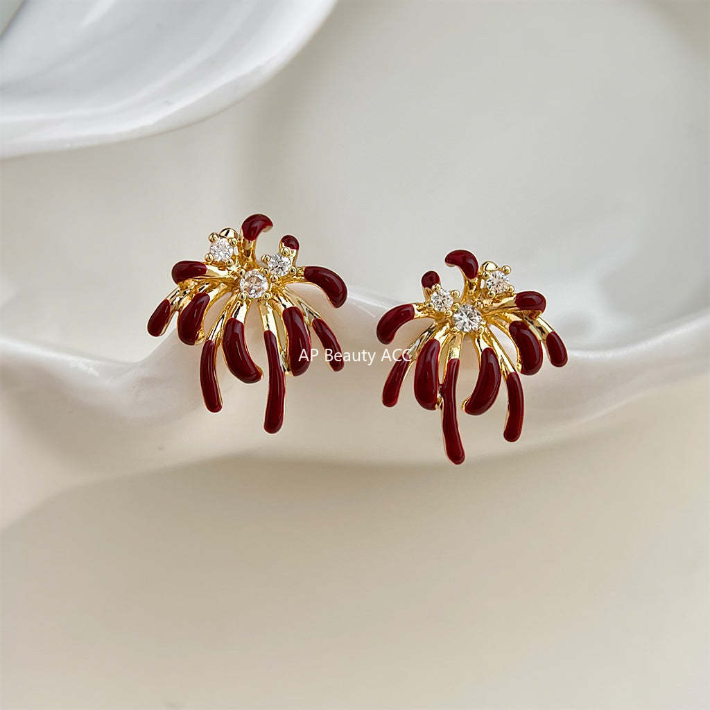 C관 - 925 은침 레드 폭죽 모양 큐빅 귀걸이 [7248] 25.12-3