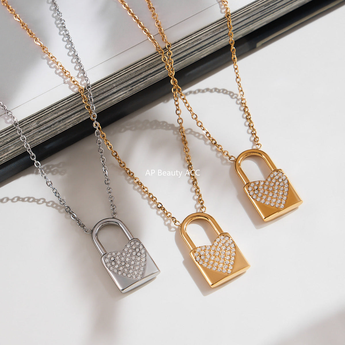 D관 - 18K 골드 도금 스테인리스 스틸 큐빅 하트 자물쇠 펜던트 목걸이 [P061] 25.10-1