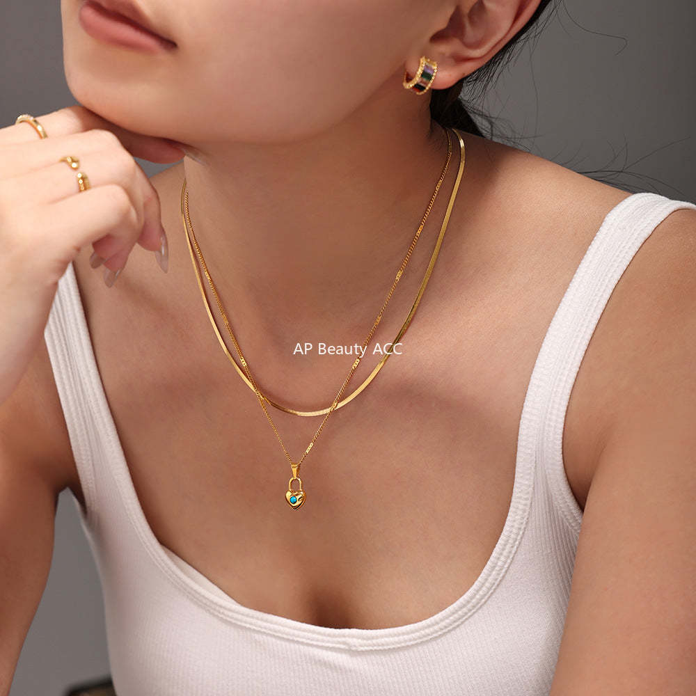 D관 - 미니멀 터키석 하트 자물쇠 펜던트 초커형 스테인리스 스틸 18K 도금 여성용 목걸이 [P2085-P1694] 24.11-1