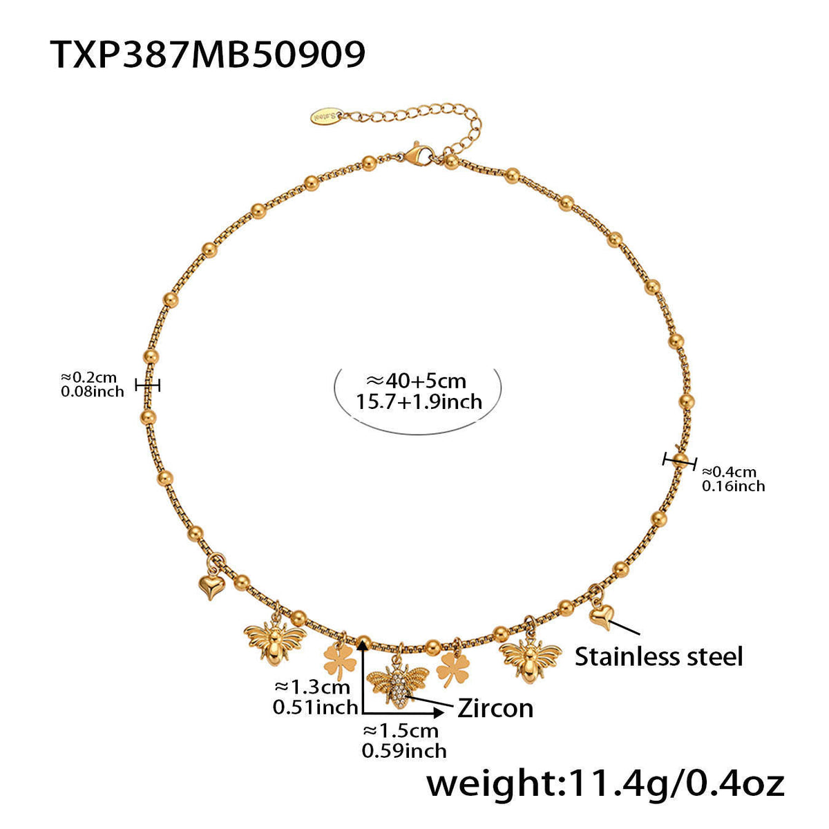 D관 - 18K 도금 스테인리스 스틸 큐빅 벌 클로버 펜던트 목걸이 팔찌 [TXP387-TXE387] 25.09-2