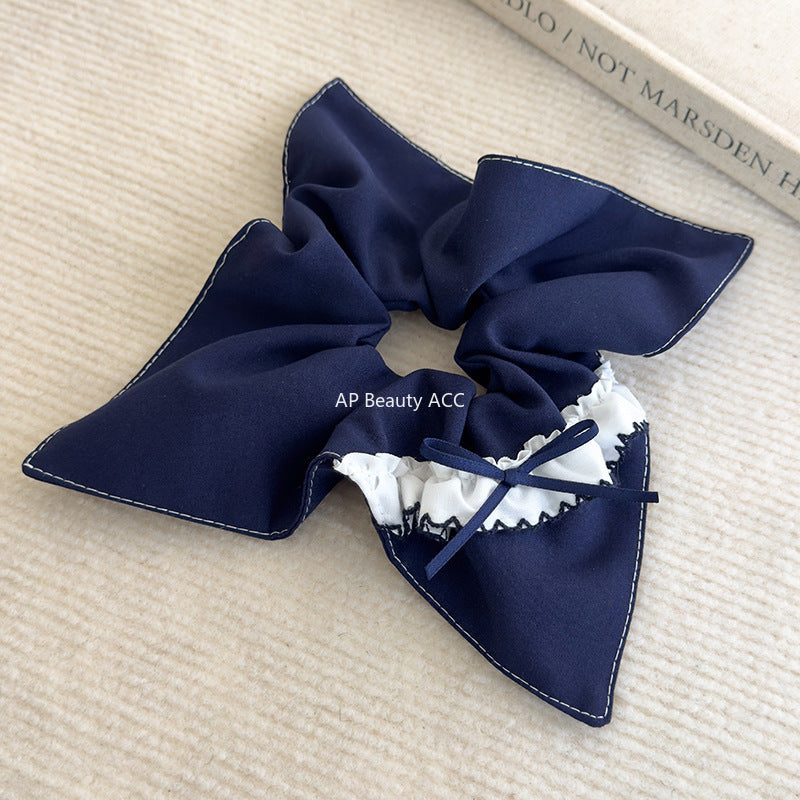 E관 - 블루 체크 패브릭 레이스 리본 곱창 헤어밴드 [26462] 25.10-2