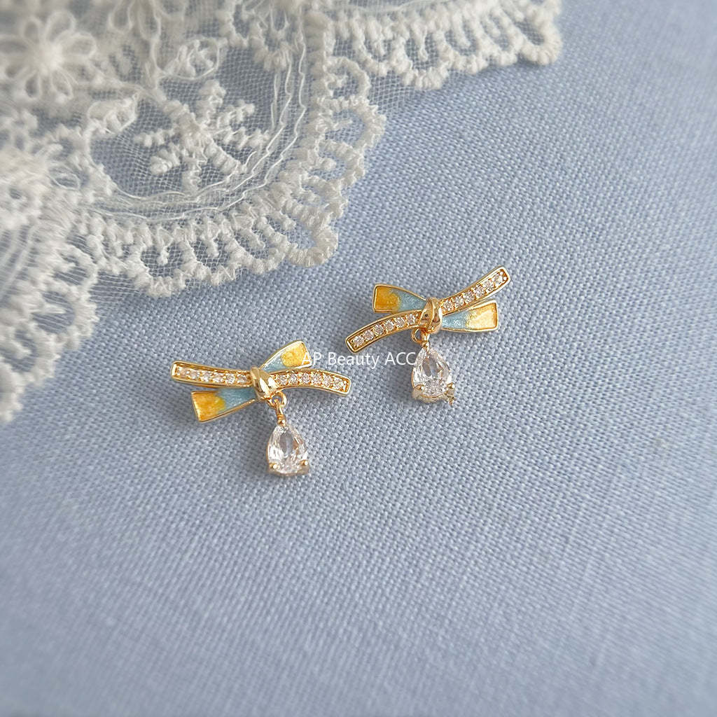 C관 - 큐빅 925 은침 14K 도금 핸드페인팅 리본 귀걸이 [6721] 25.09-4