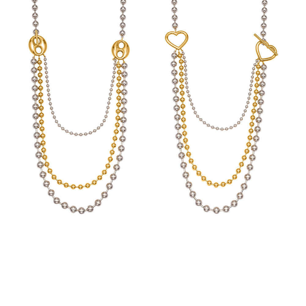 D관 - 투톤 하트 라운드 비즈 체인 레이어드 스테인리스 목걸이 [P1853] 25.11-3