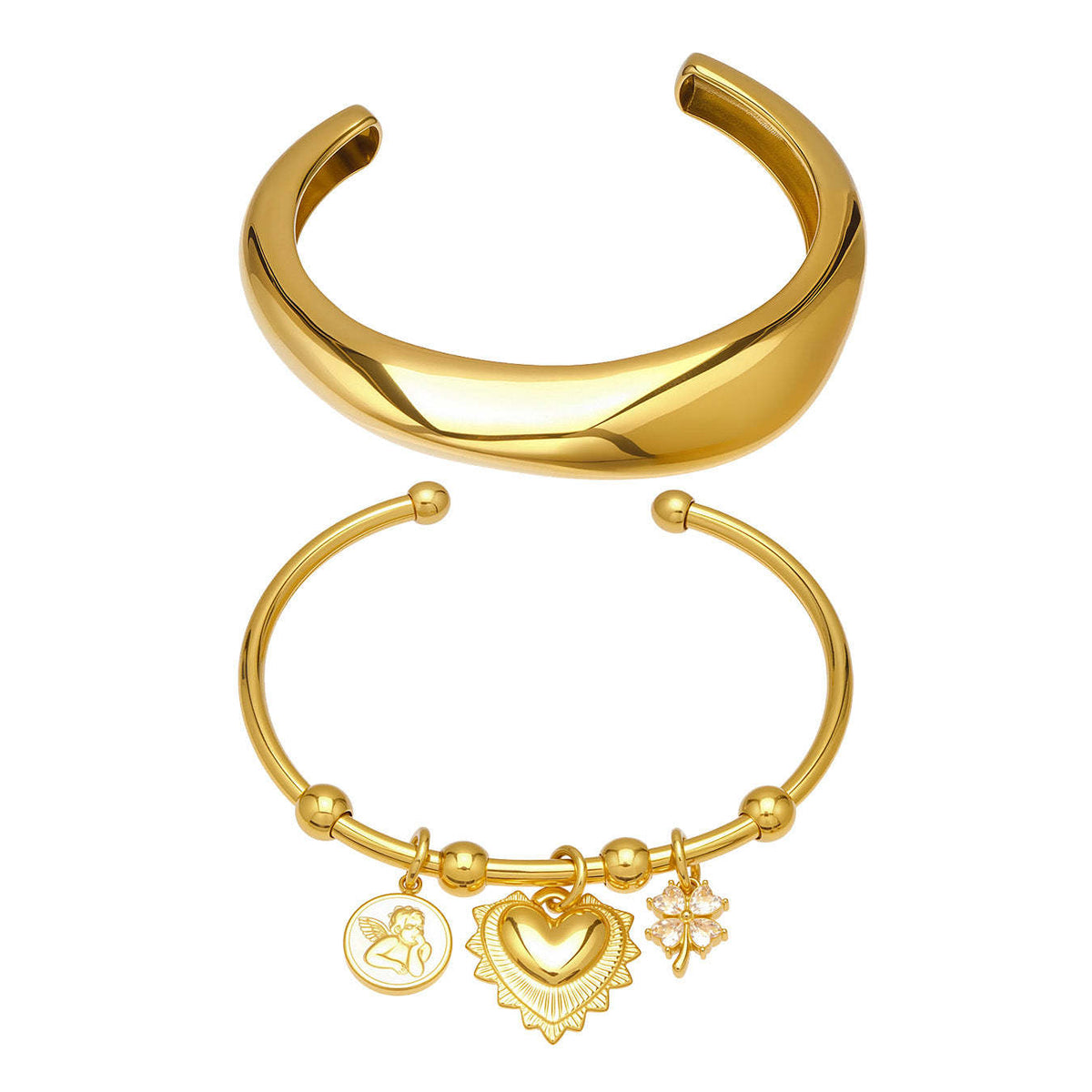 D관 - 볼드 하트 펜던트 18K 도금 스테인리스 스틸 오픈 팔찌 [Z516-Z517] 25.12-2