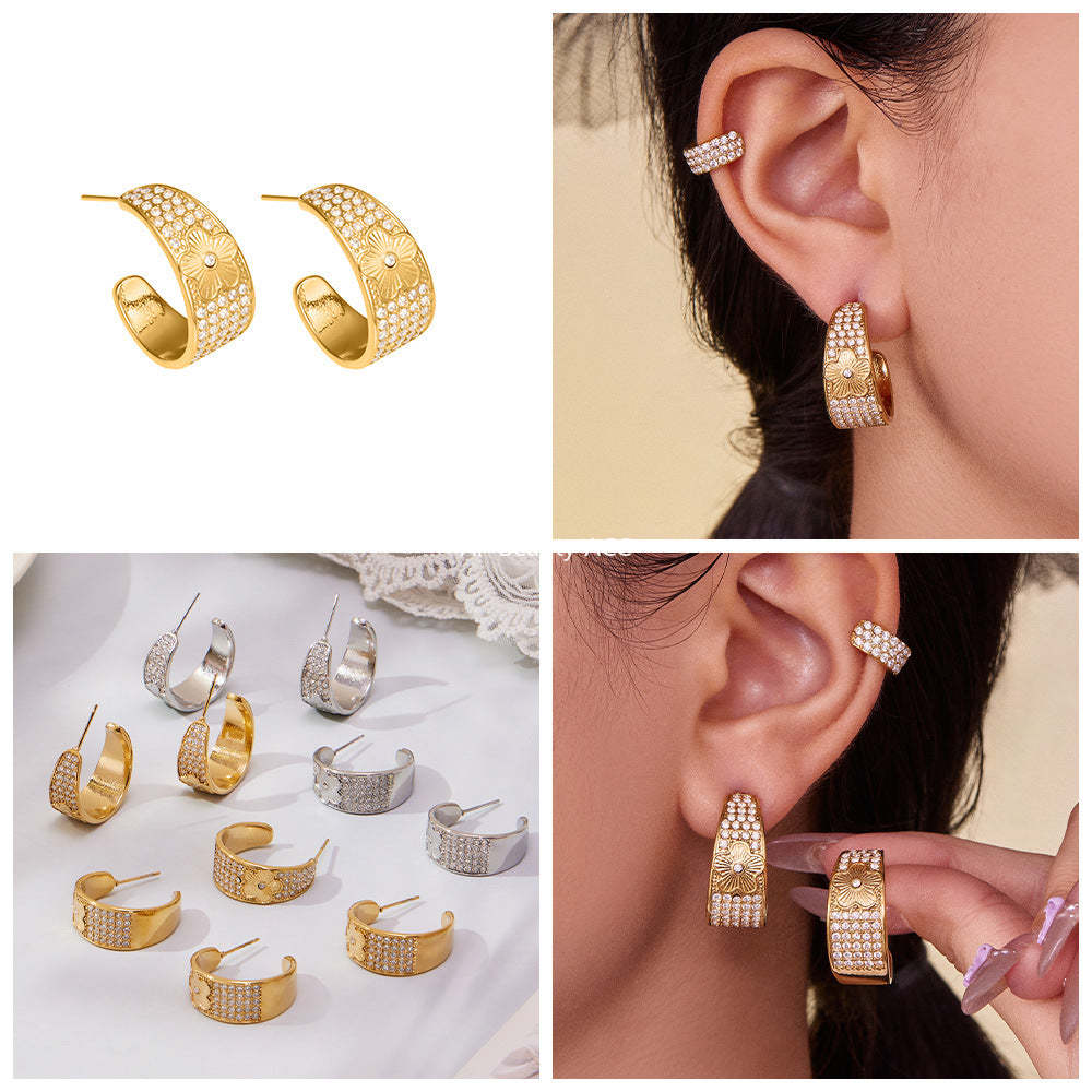 D관 - 스테인리스 18K 도금 빈티지 C자형 풀큐빅 플라워 귀걸이 [F954-F983] 25.10-5