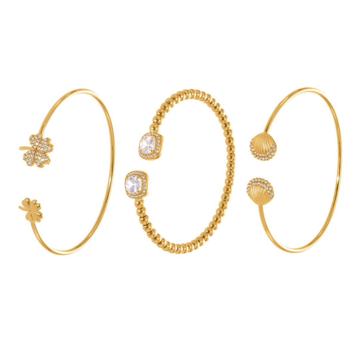 D관 - 스테인리스 18K 도금 큐빅 스틸볼 클로버 오픈형 팔찌 [Z503-Z504-Z505] 25.10-5