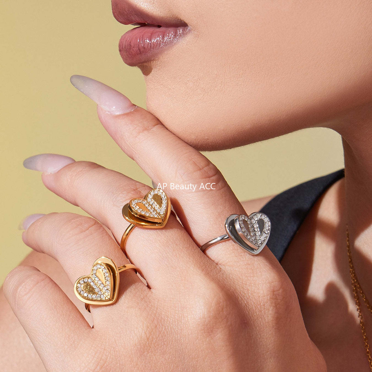 D관 - 18K 도금 스테인리스 스틸 큐빅 더블 하트 반지 귀걸이 목걸이 [TXP446] 25.10-4