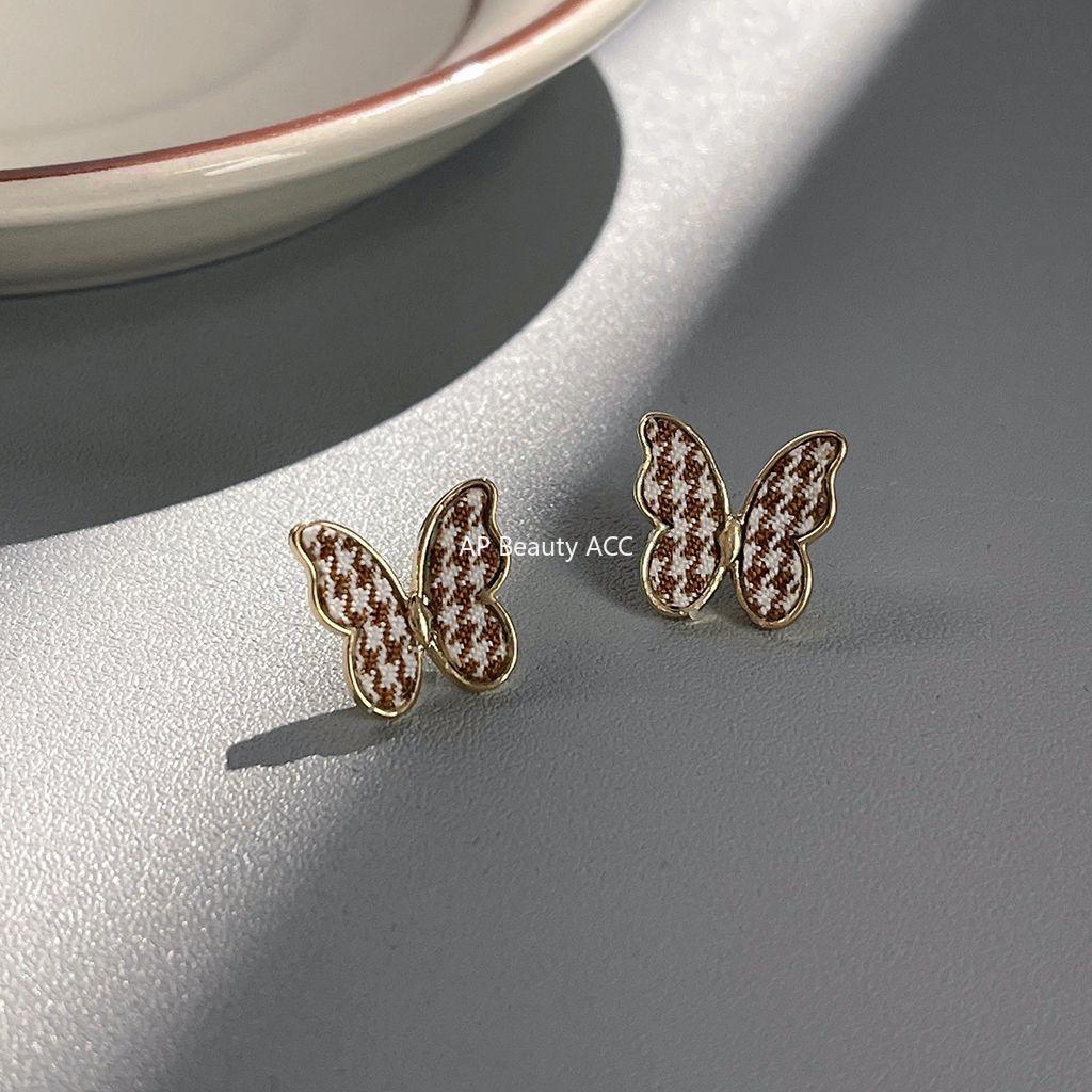 C관 - 작은 체크무늬 리본 디자인 패브릭 고급스러운 은침 귀걸이 [629] 24.03-4