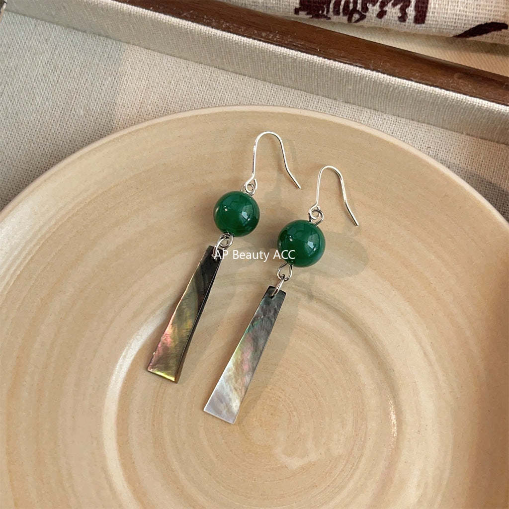 C관 - 천연석 그린 마노 핸드메이드 기하학 귀걸이 [3760] 24.04-1