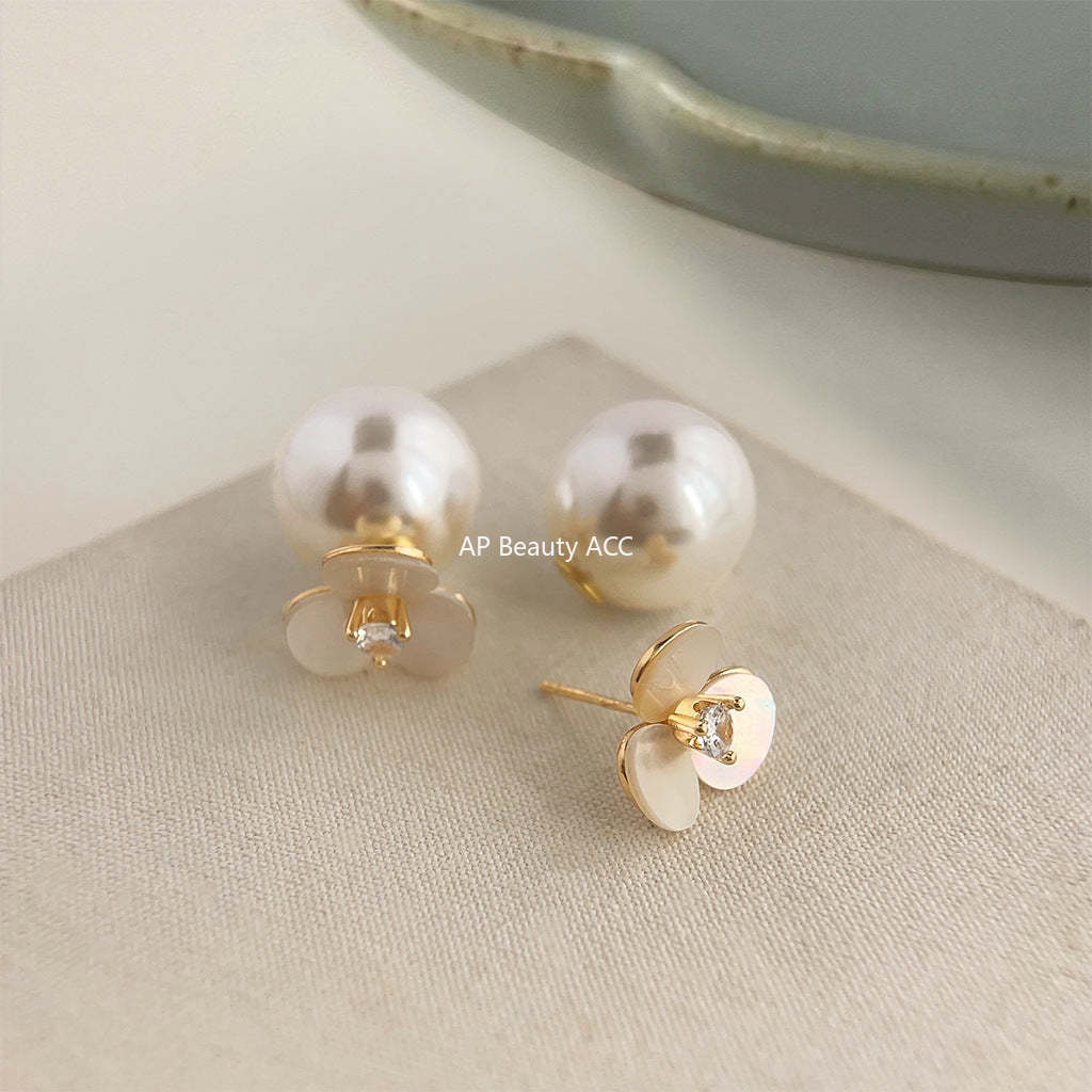 C관 - 진주와 큐빅 십자형 14K 도금 은침 귀걸이 [3959] 24.05-3