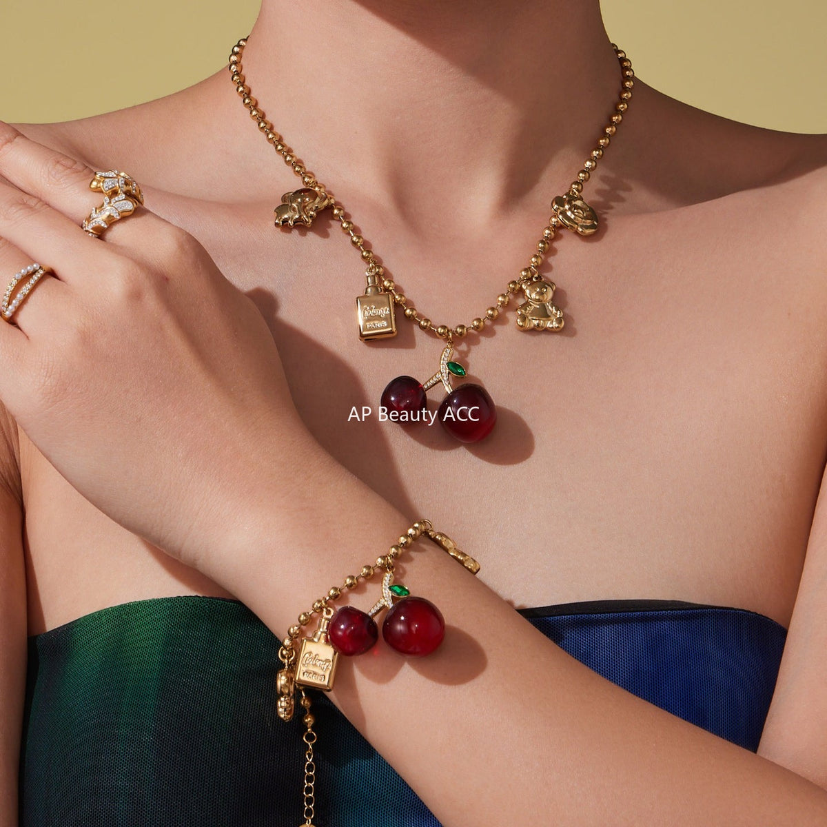 D관 - 18K 골드 도금 스테인리스 스틸 체리 펜던트 목걸이 팔찌 귀걸이 [TXP420] 25.10-1