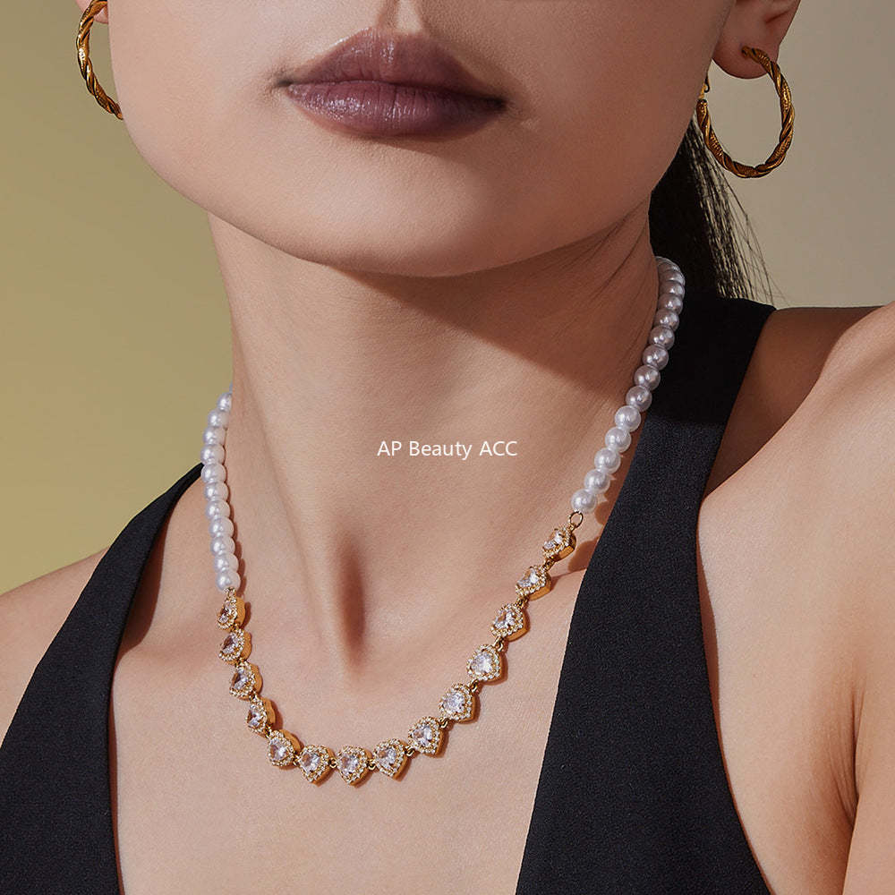 D관 - 18K 도금 스테인리스 스틸 핸드메이드 진주 하트 큐빅 목걸이 [P1735] 25.10-4