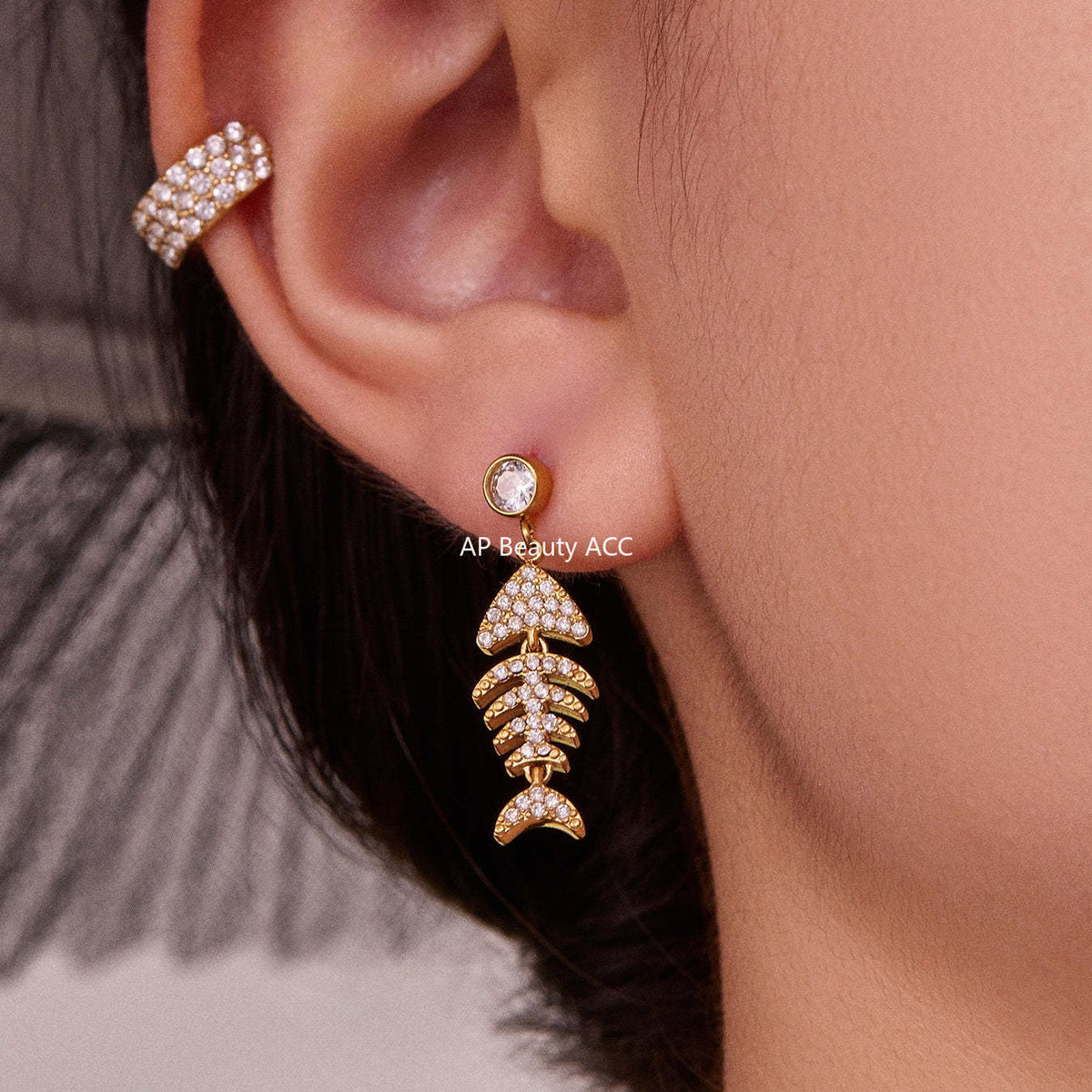 D관 - 스테인리스 18K 도금 풀큐빅 물고기뼈 볼드 이어커프 귀걸이 [F1123-F983] 25.10-5