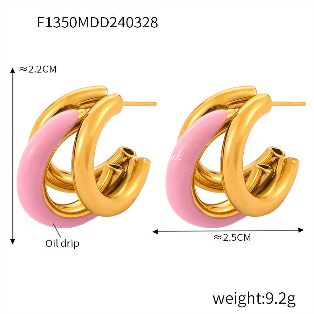 D관 - 티타늄 스틸 18K 도금 드로잉 디자인 C자형 트렌디 귀걸이 [F1350] 24.04-2