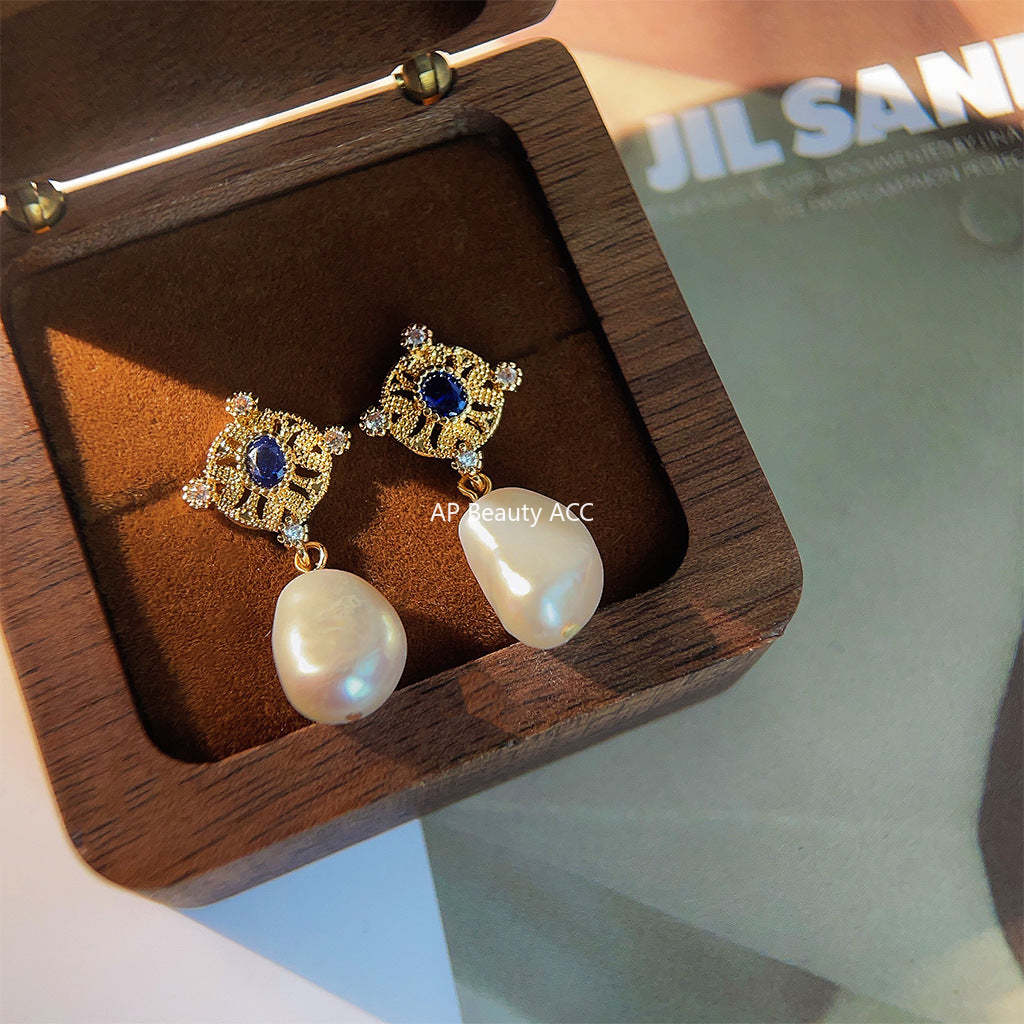 C관 - 14K 도금 바로크 형상 담수 진주 미니 큐빅 은침 귀걸이 프렌치 복고풍 귀걸이 [4052] 24.05-2