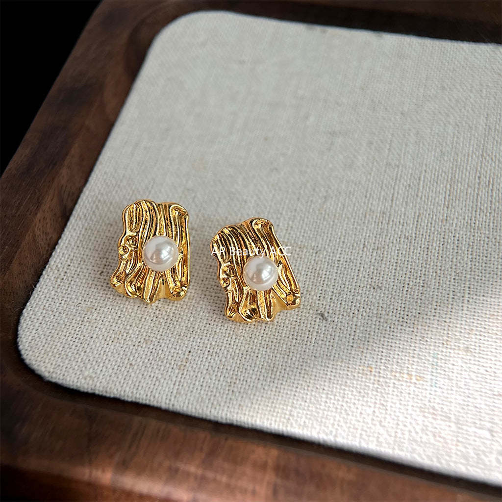 C관 - 기하학 텍스처 14K 도금 진주 심플 세련된 귀걸이 [4399] 24.07-1