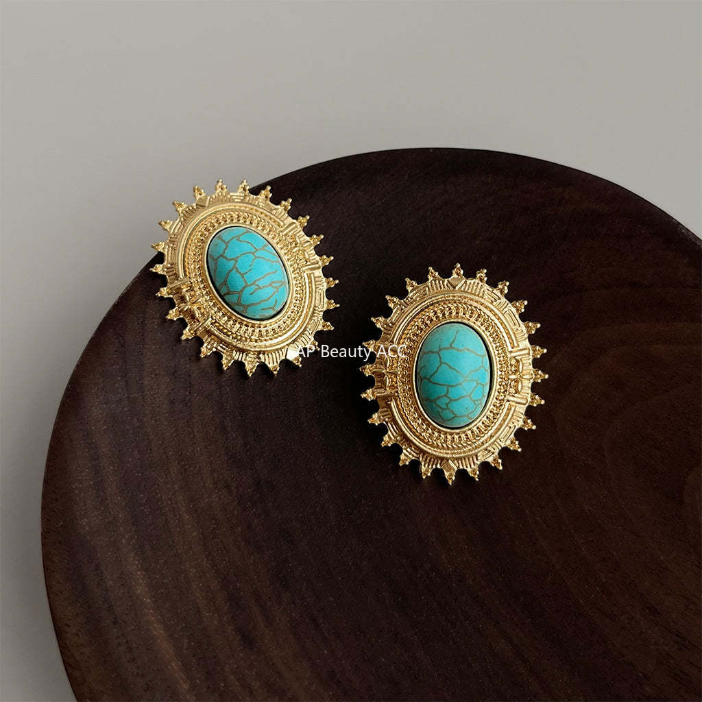 C관 - 합성 터키석 기하학 오벌 빈티지 14K 도금 은침 귀걸이 [4313] 24.07-1