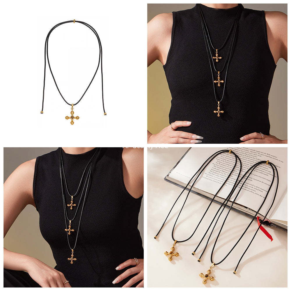 D관 - 호안석 십자가 레더 스트랩 스테인리스 롱 목걸이 [M082] 25.11-3