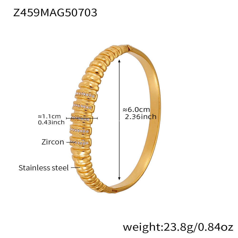 D관 - 대나무 물결 디자인 큐빅 스테인리스 스틸 18K 도금 팔찌 [Z454] 25.07-2
