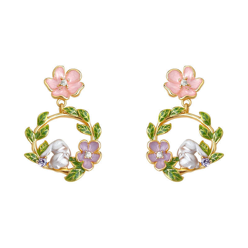 C관 - 925 은침 핸드 플라워 토끼 드롭 스터드 귀걸이 [6922] 25.10-4